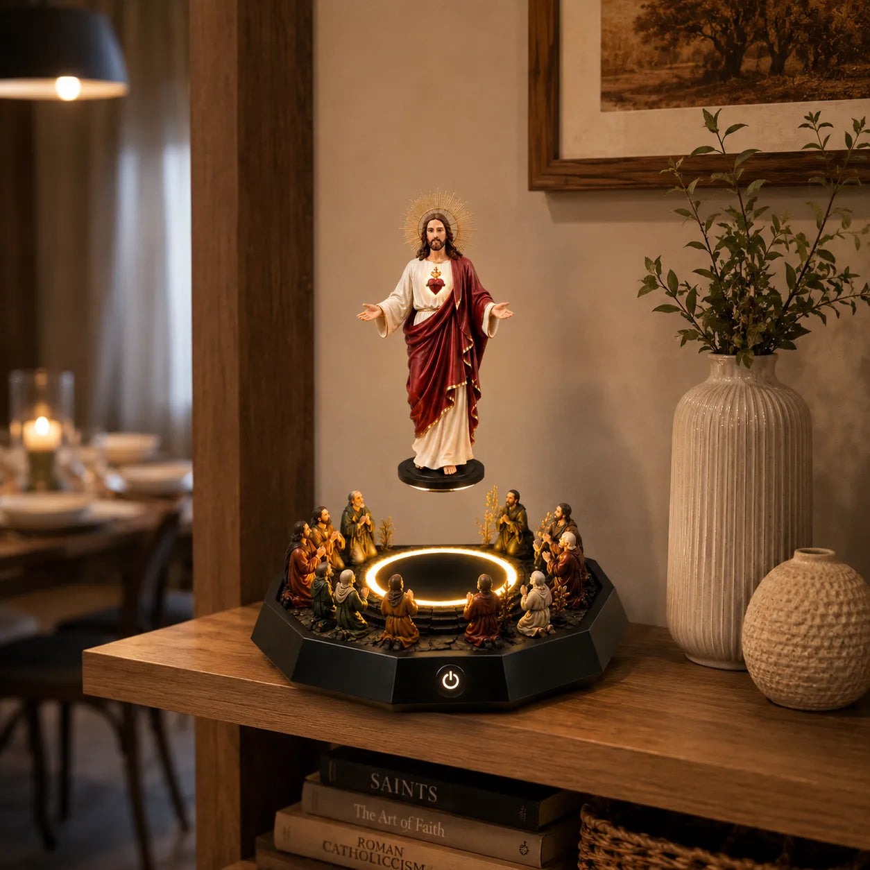 CHRIST LAMP on a console table