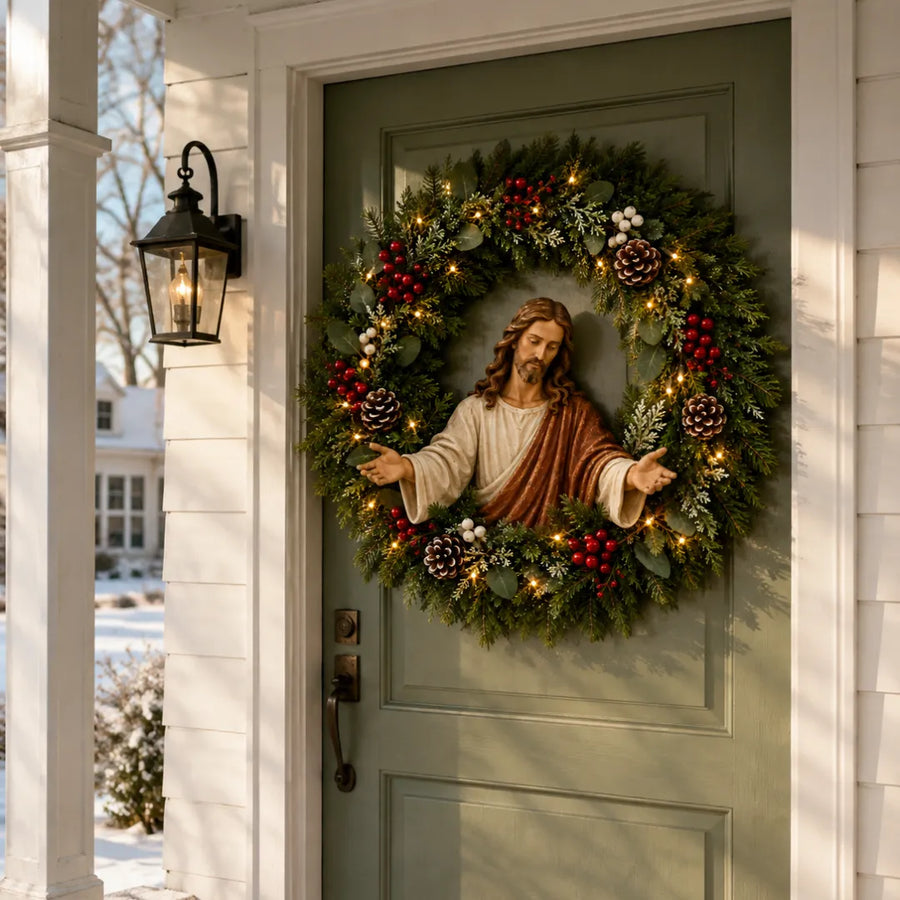 Jesus Christmas wreath on a green front door