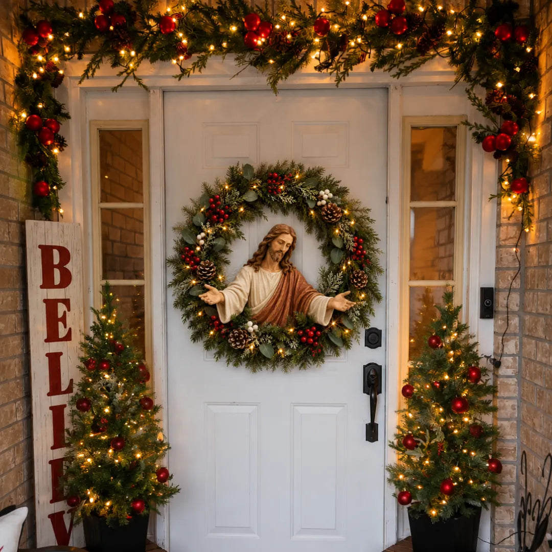 Christmas Door Decor displayed on a winter front door